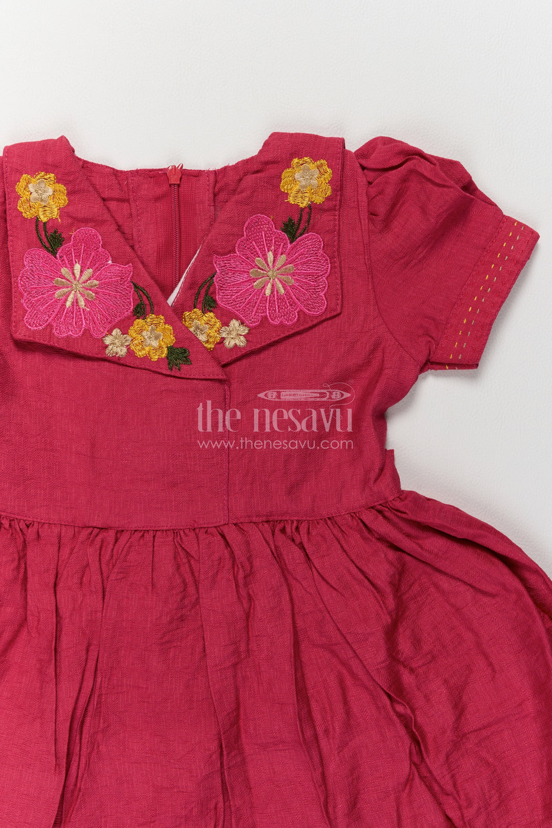 Girls Deep Pink Cotton Blend Floral Collar Puff Frock