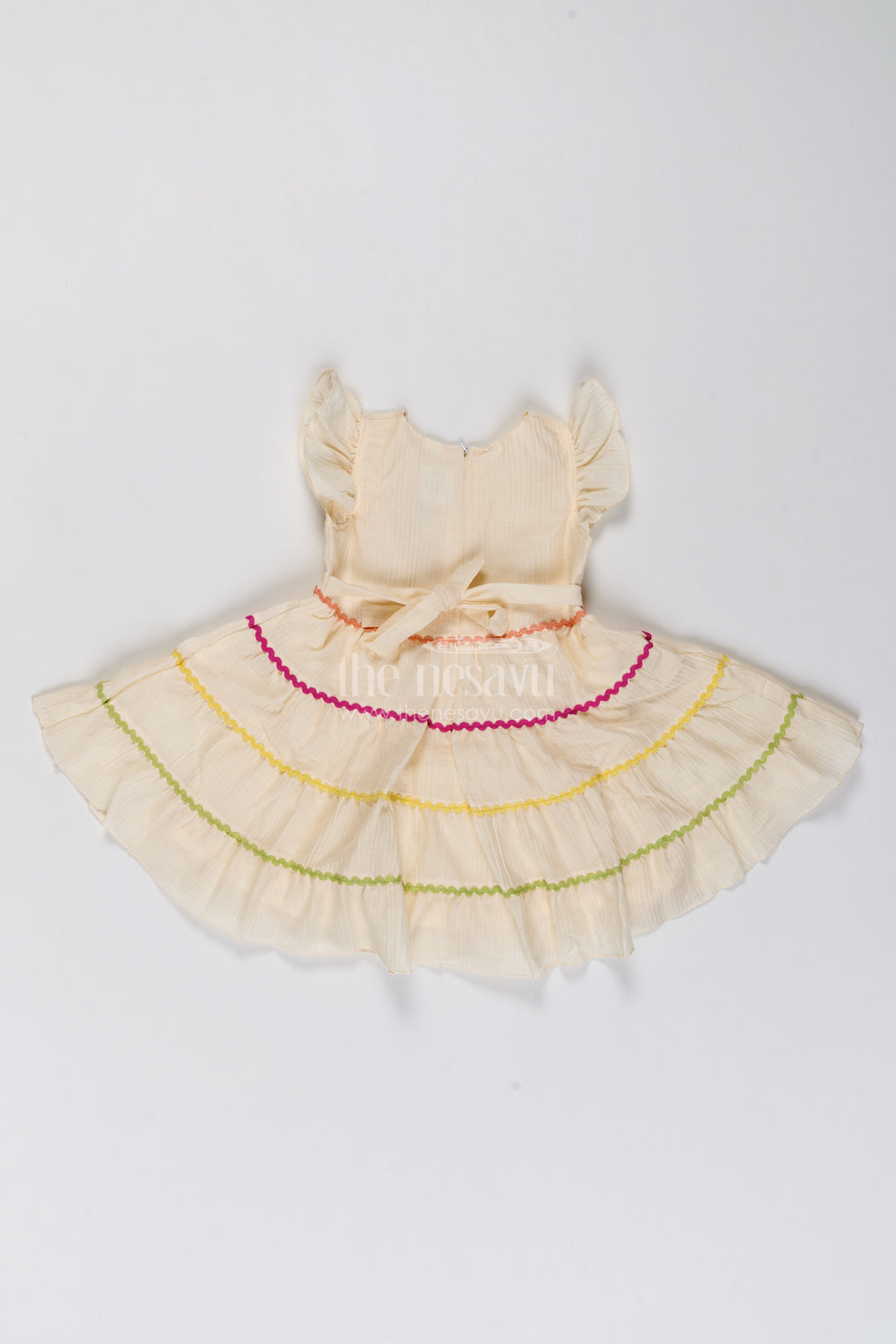 Girls Cream Cotton Blend Daisy Tier Yellow Trim Frock