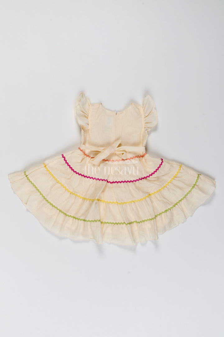 Girls Cream Cotton Blend Daisy Tier Yellow Trim Frock