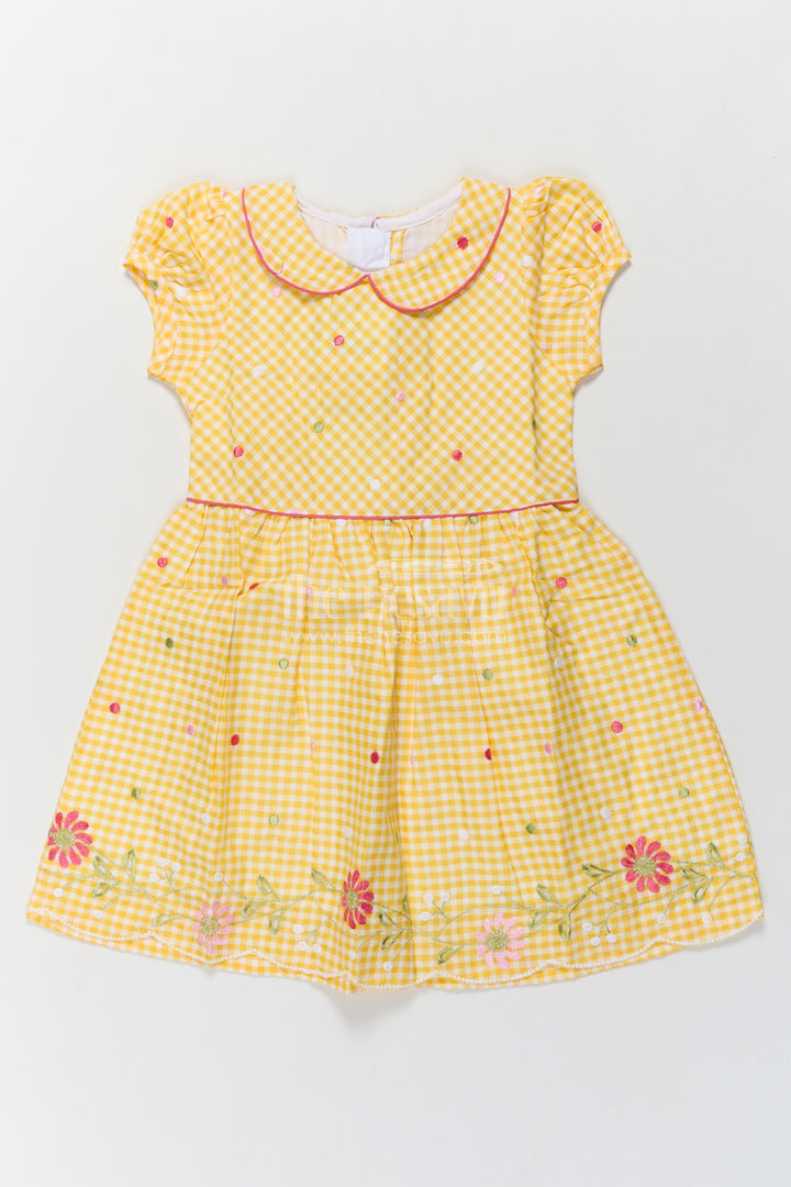 Girls Yellow Gingham Cotton Frock with Peter Pan Collar and Floral Hem