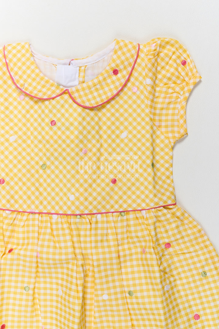 Girls Yellow Gingham Cotton Frock with Peter Pan Collar and Floral Hem