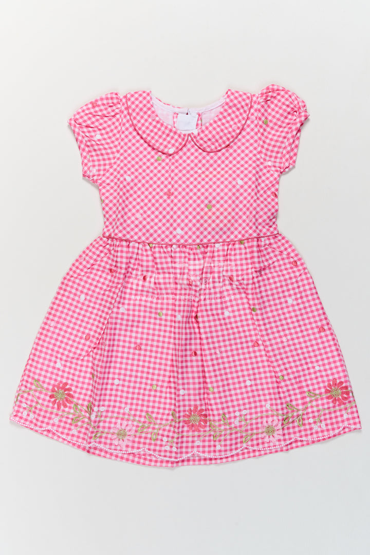 Girls Pink Gingham Cotton Frock with Rounded Collar and Flower Embroidery