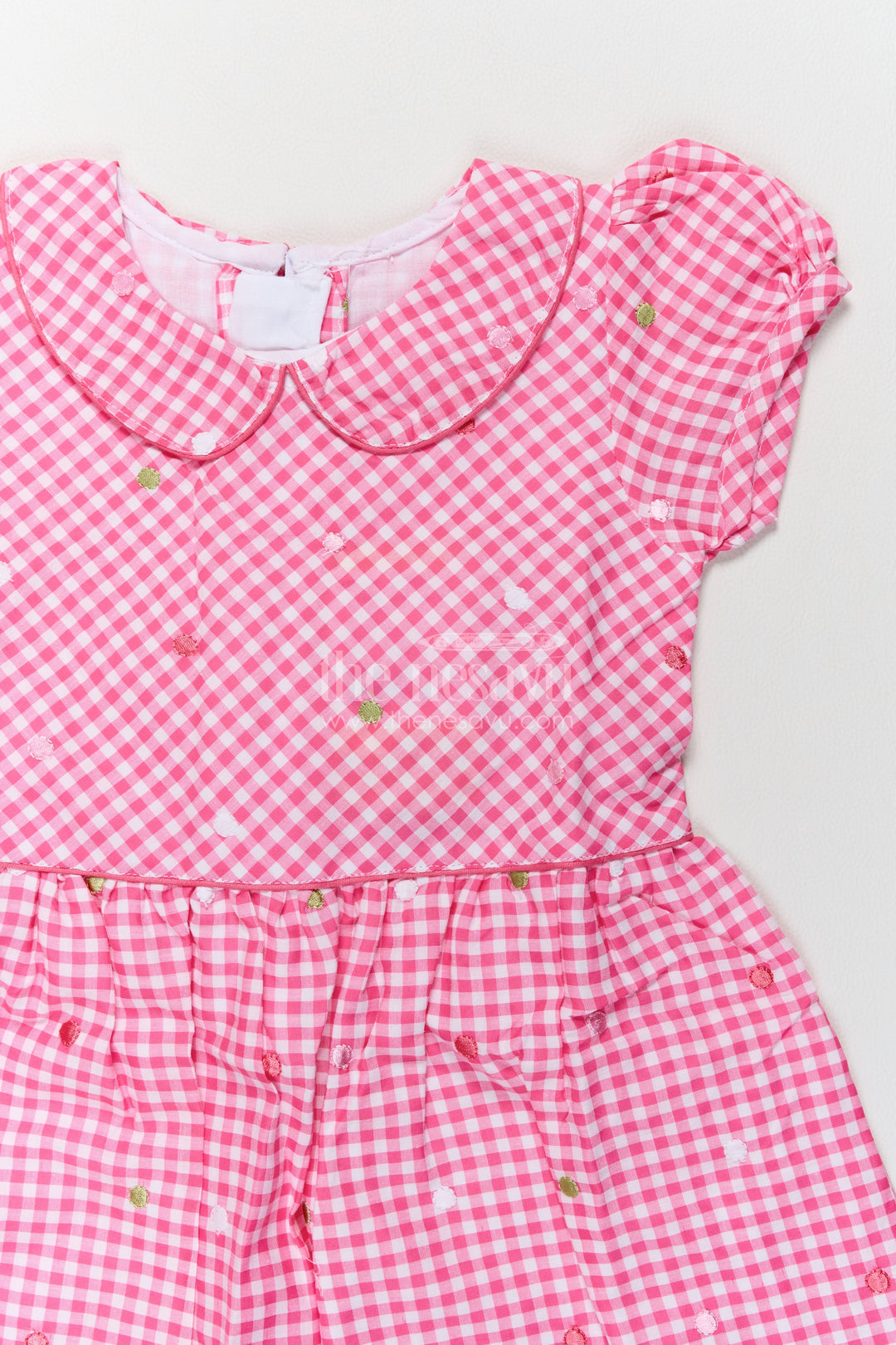 Girls Pink Gingham Cotton Frock with Rounded Collar and Flower Embroidery