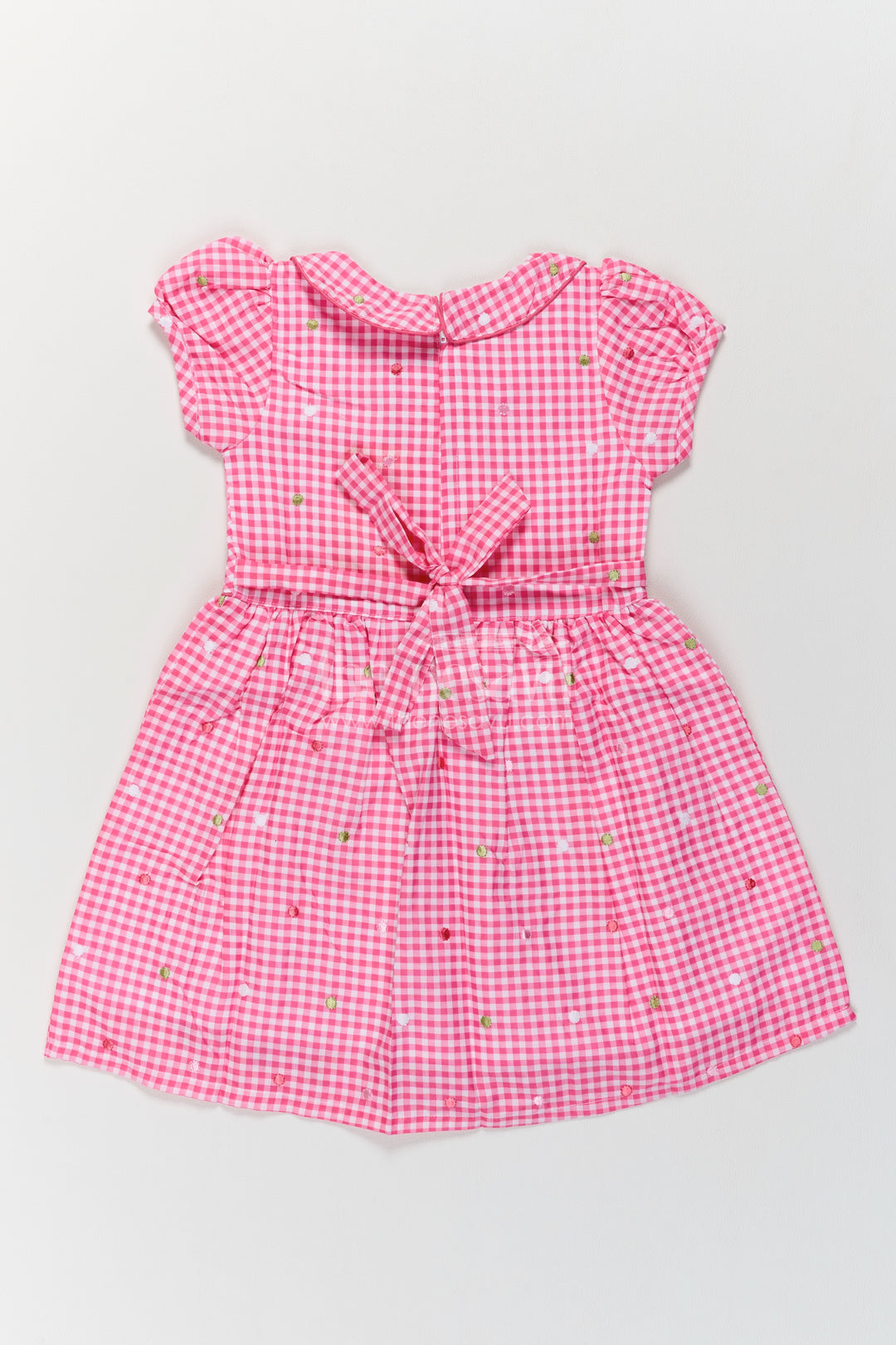 Girls Pink Gingham Cotton Frock with Rounded Collar and Flower Embroidery