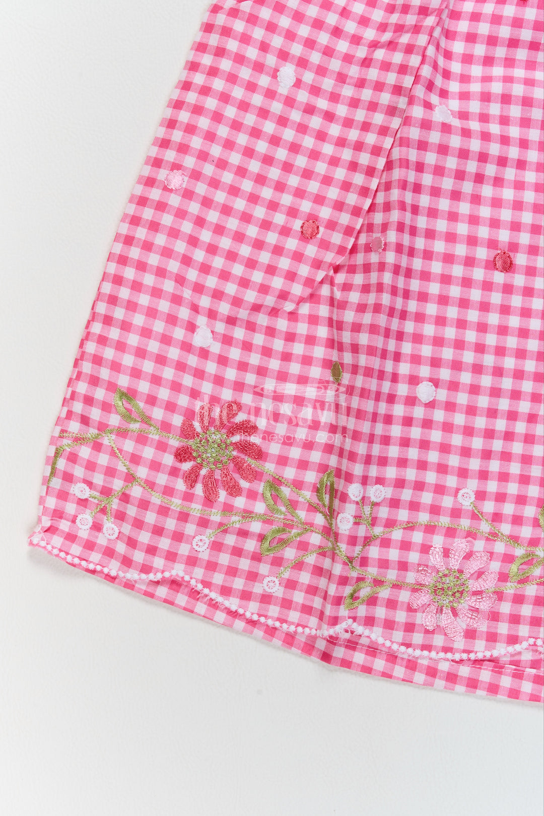 Girls Pink Gingham Cotton Frock with Rounded Collar and Flower Embroidery