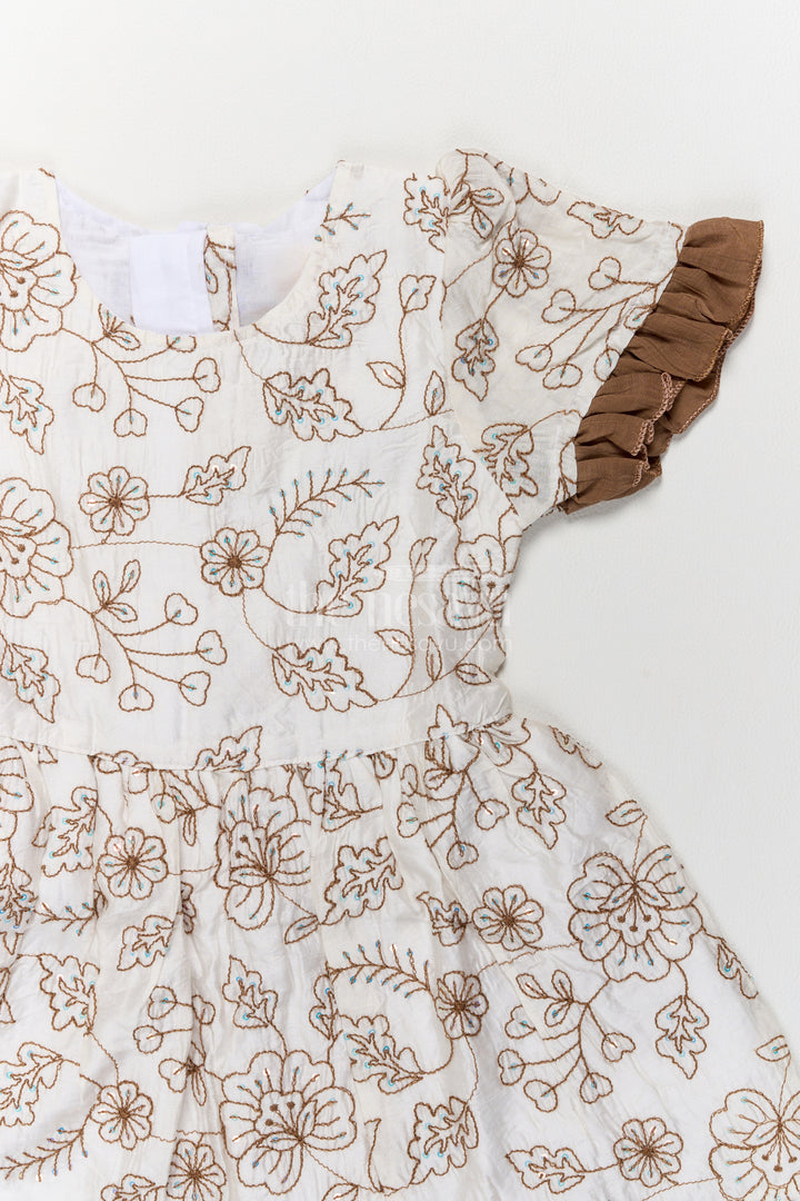 Girls Cream Cotton Blend Frock with Brown Floral Embroidery and Frills