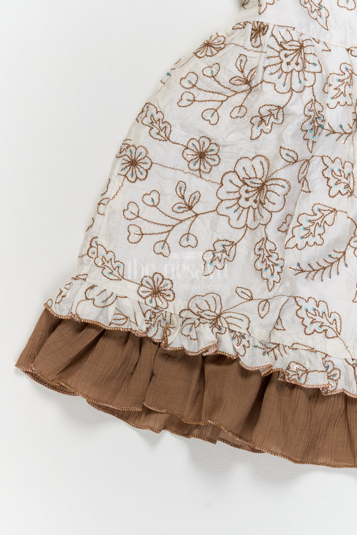 Girls Cream Cotton Blend Frock with Brown Floral Embroidery and Frills