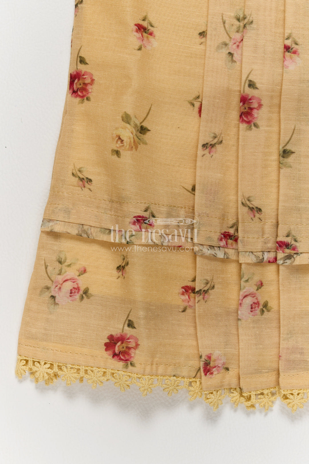 Girls Yellow Cotton Strap Frock with Floral Print and Lace Panel