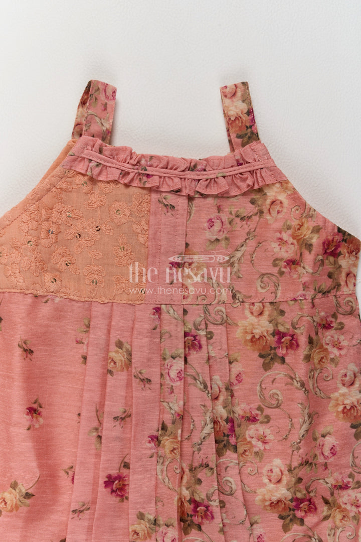 Girls Peach Cotton Frock with Rose Print Panels and Ruffled Straps