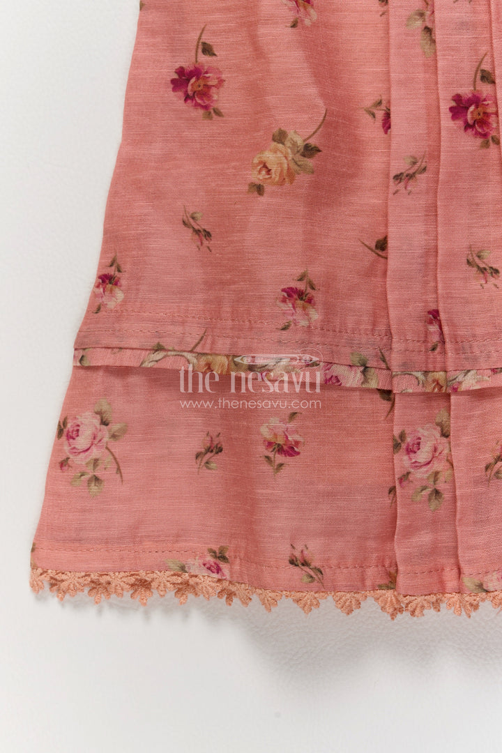 Girls Peach Cotton Frock with Rose Print Panels and Ruffled Straps