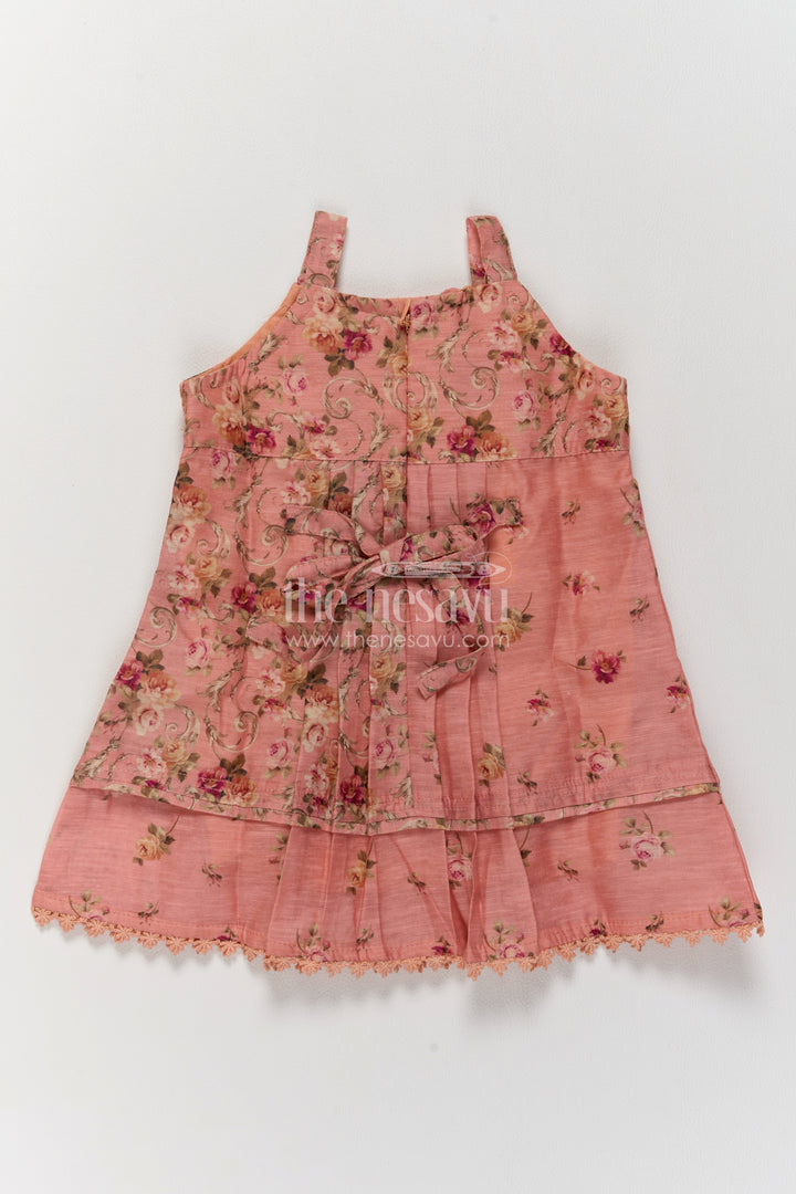 Girls Peach Cotton Frock with Rose Print Panels and Ruffled Straps