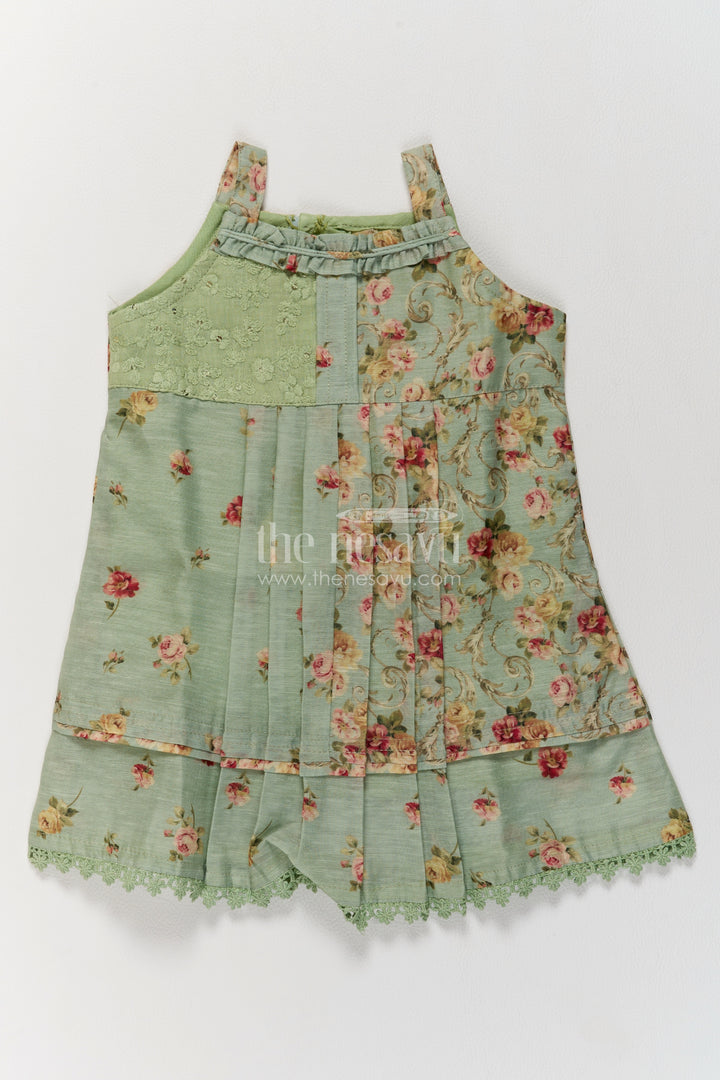 Girls Sage Green Cotton Frock with Floral Panels and Lace Bodice Detail