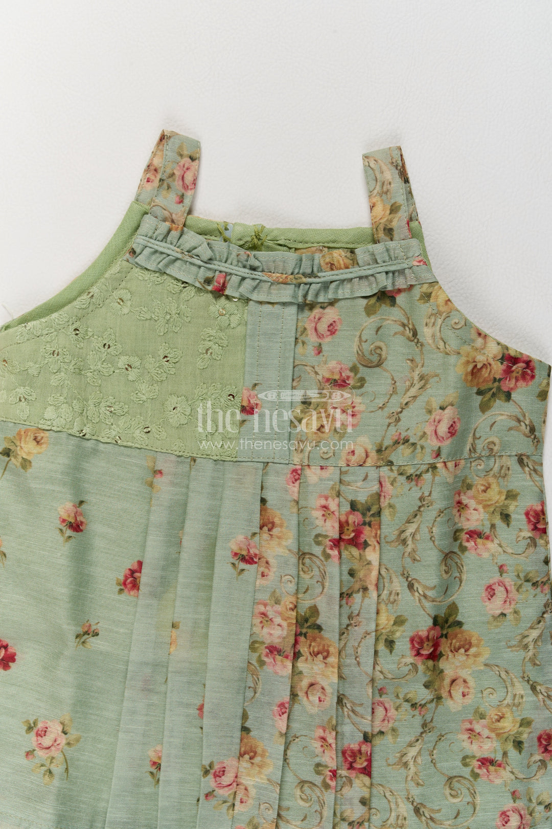 Girls Sage Green Cotton Frock with Floral Panels and Lace Bodice Detail