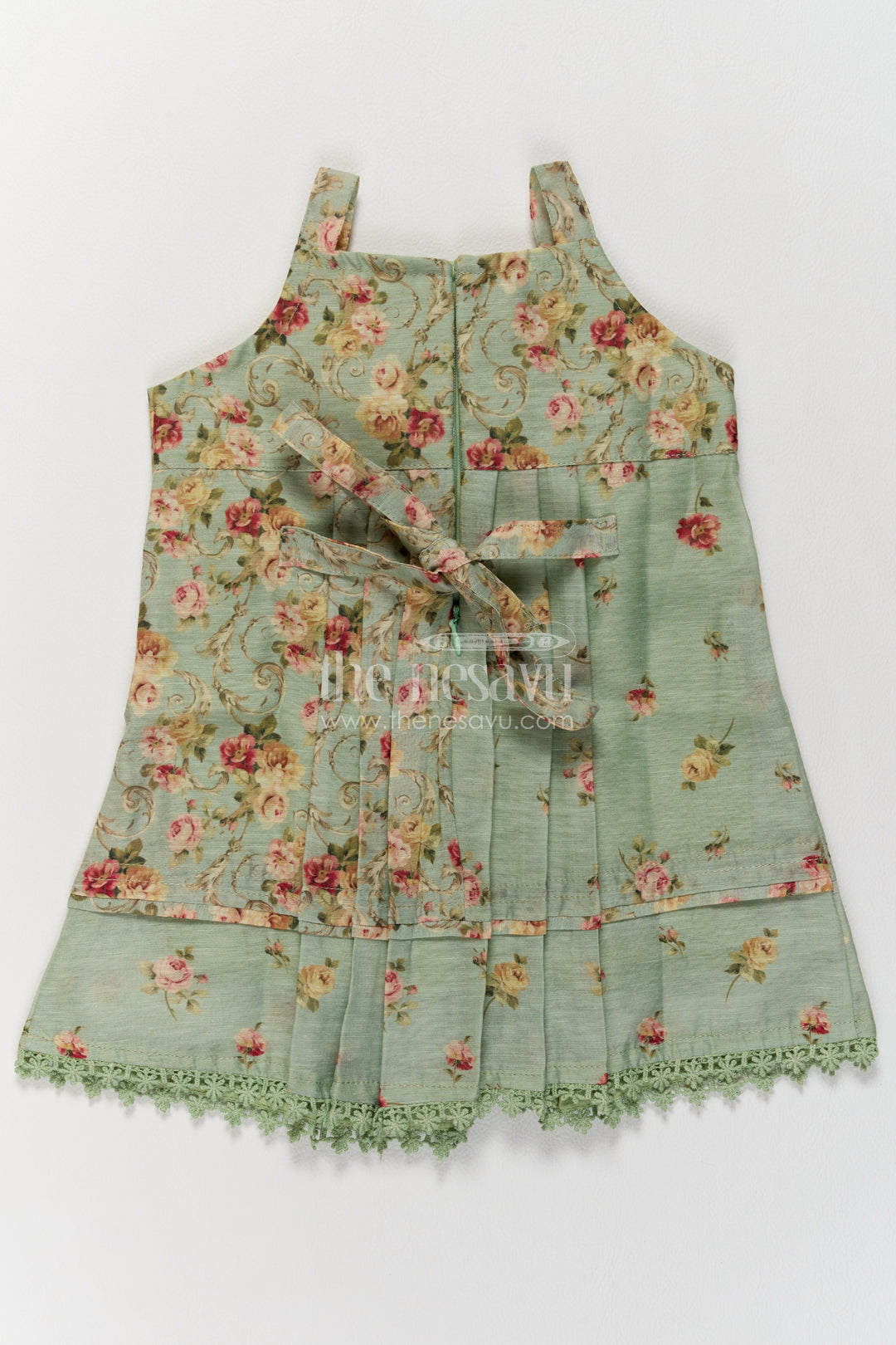 Girls Sage Green Cotton Frock with Floral Panels and Lace Bodice Detail