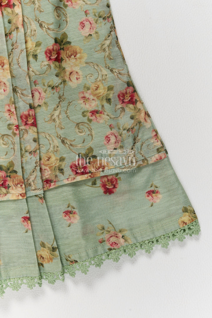 Girls Sage Green Cotton Frock with Floral Panels and Lace Bodice Detail