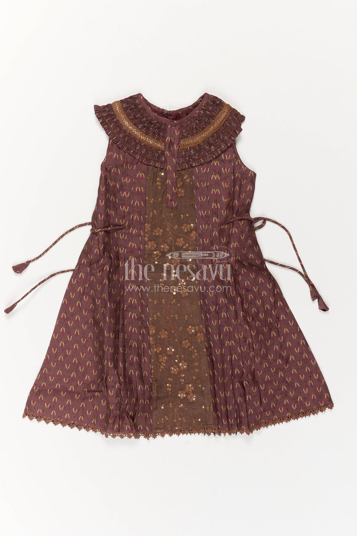 Girls Cotton Frock in Brown with Sequin Work
