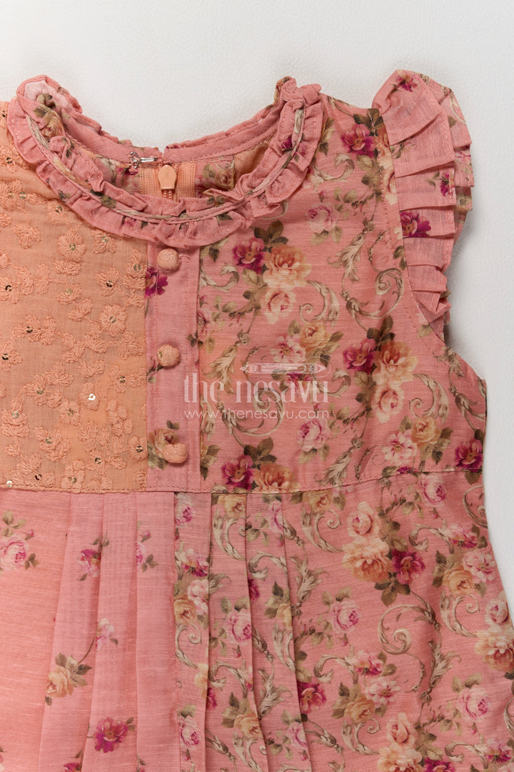 Girls Peach Flower Panel Lace Cotton Frock