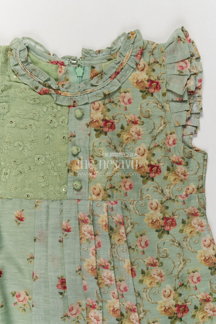 Girls Grey Blue Cotton Rose Print Lace Frock