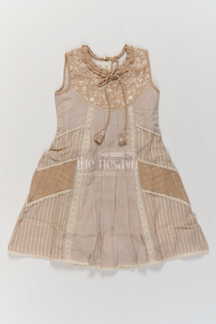 Girls Cream Cotton Frock with Embroidered Yoke and Angled Lace Panels