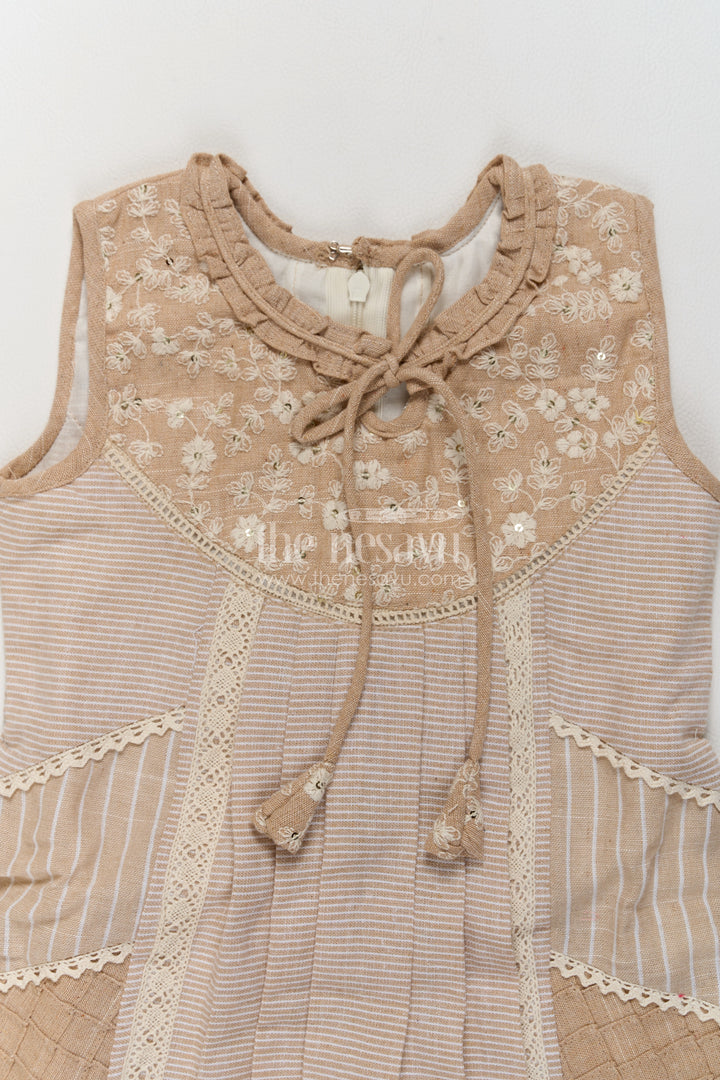Girls Cream Cotton Frock with Embroidered Yoke and Angled Lace Panels