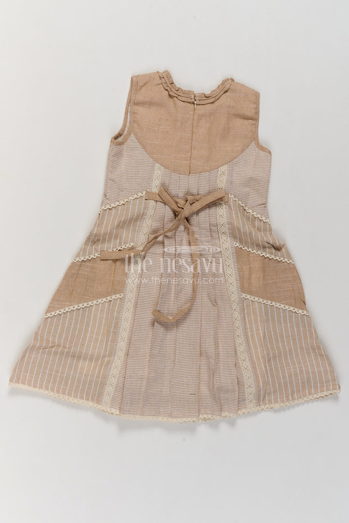 Girls Cream Cotton Frock with Embroidered Yoke and Angled Lace Panels