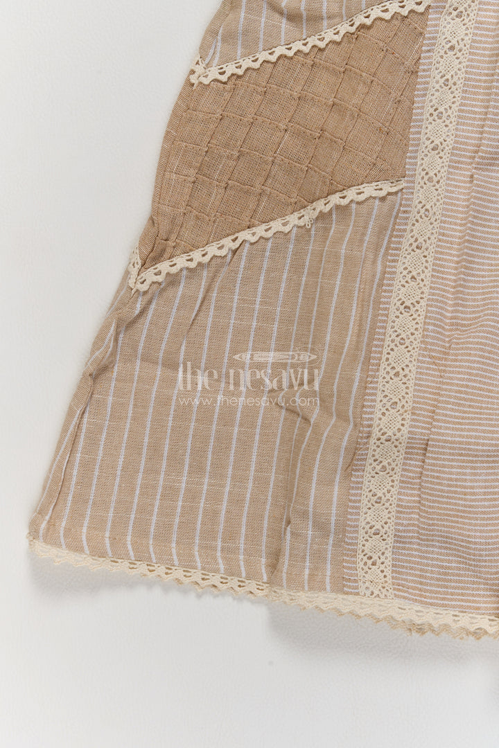 Girls Cream Cotton Frock with Embroidered Yoke and Angled Lace Panels