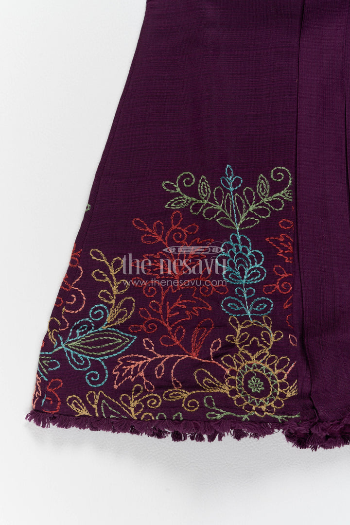 Girls Cotton Frock in Purple with Thread Embroidery