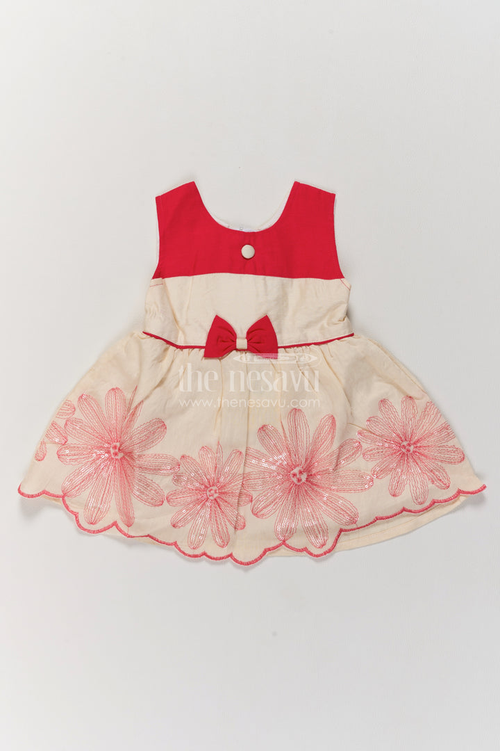Girls Ivory Cotton Blend Frock with Fuchsia Yoke and Floral Hem