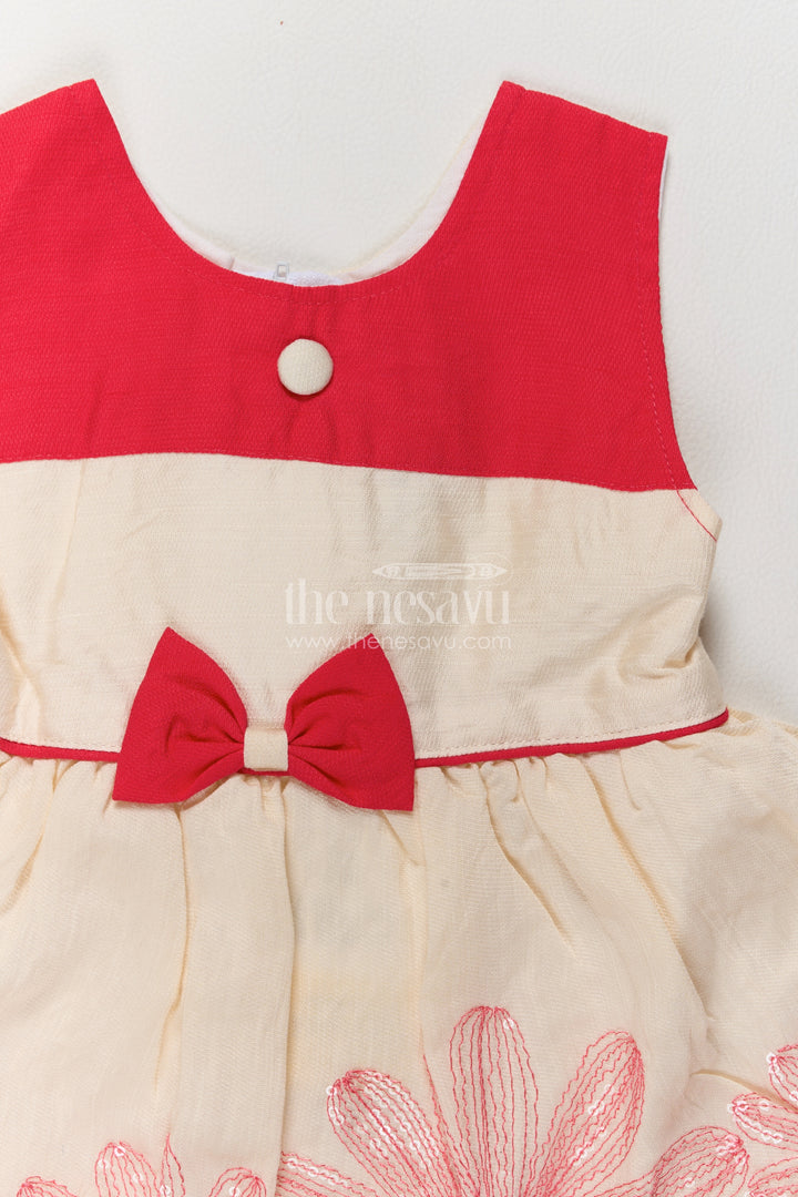 Girls Ivory Cotton Blend Frock with Fuchsia Yoke and Floral Hem