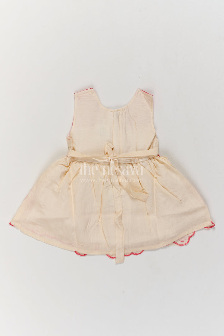 Girls Ivory Cotton Blend Frock with Fuchsia Yoke and Floral Hem
