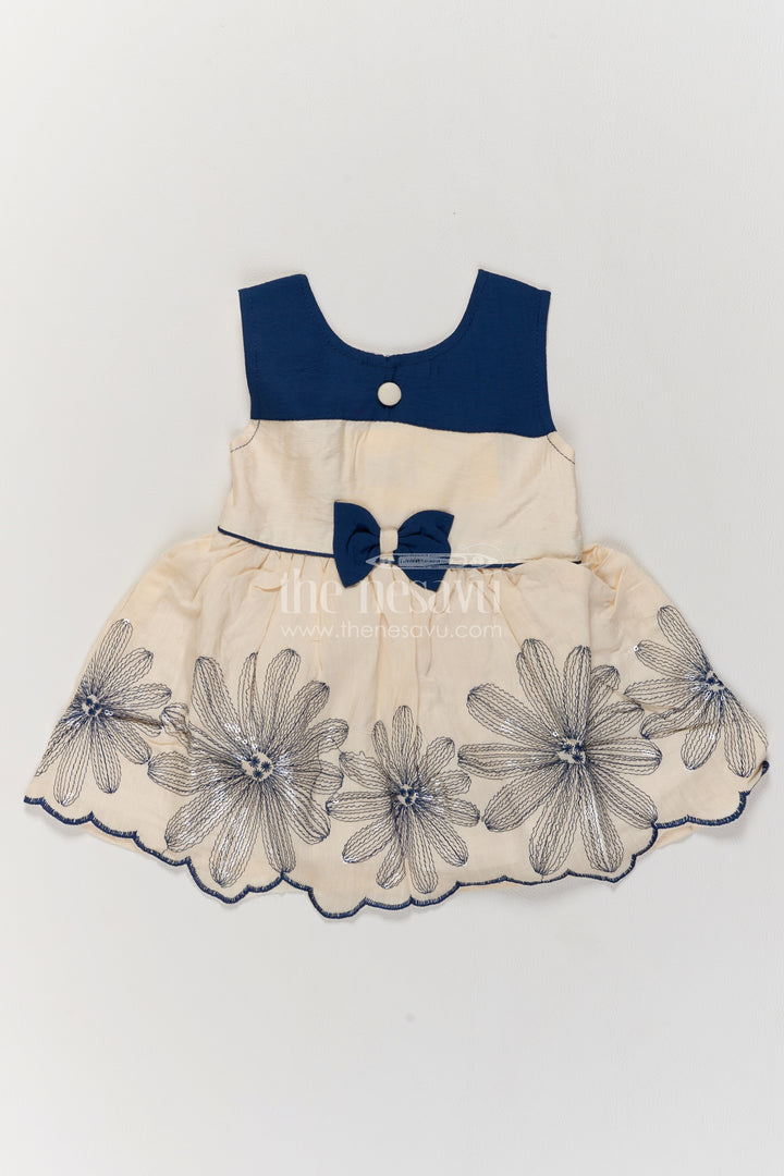 Girls Ivory and Navy Cotton Blend Frock with Scalloped Flower Border