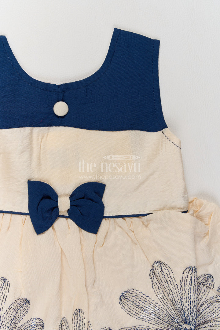 Girls Ivory and Navy Cotton Blend Frock with Scalloped Flower Border