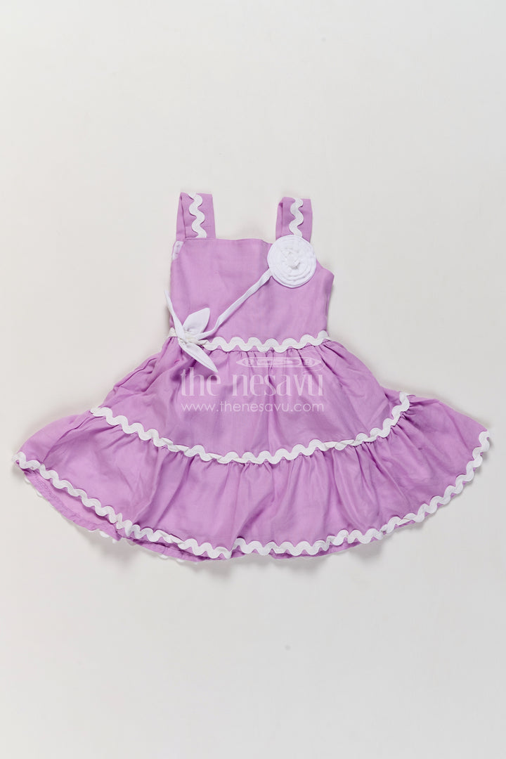 Girls Lavender Cotton Blend Tiered Frock with White Rosette Trim