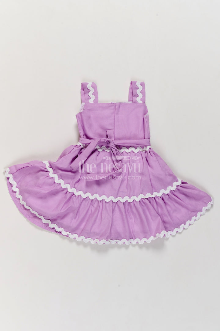 Girls Lavender Cotton Blend Tiered Frock with White Rosette Trim