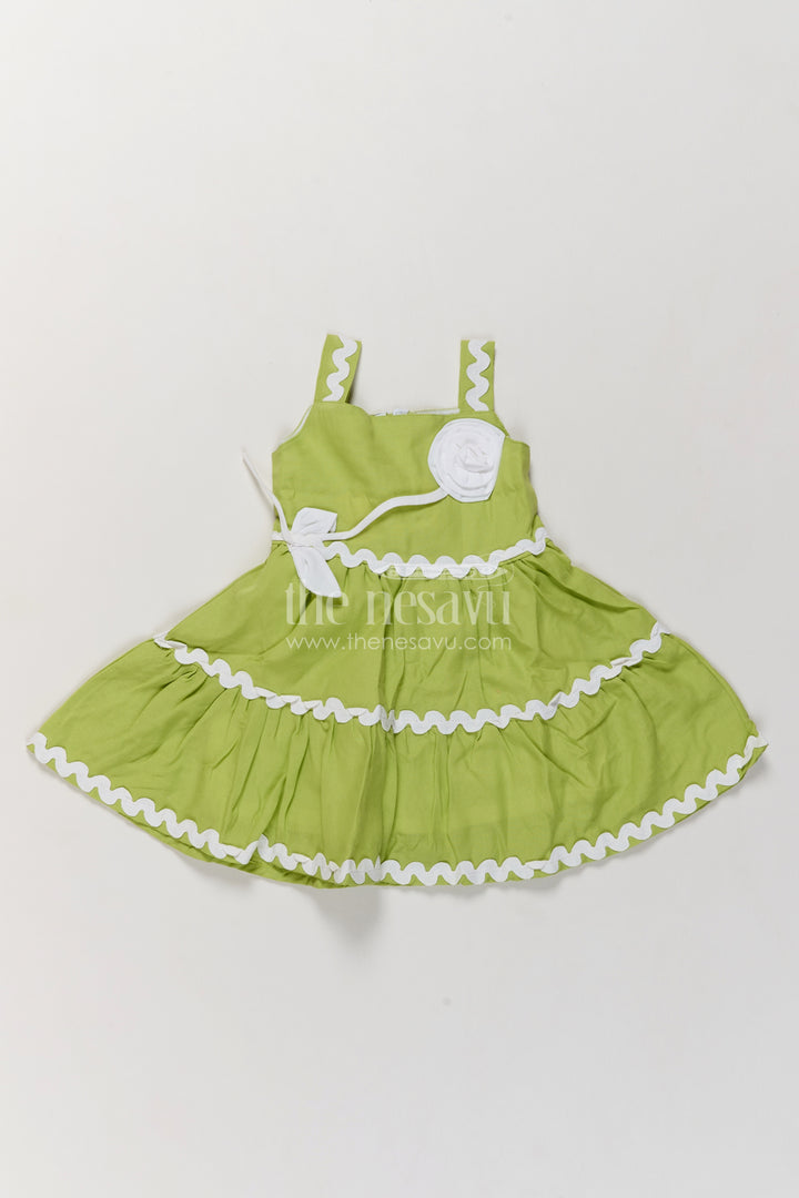 Girls Lime Green Tiered Cotton Blend Frock with Rosette and Ric Rac