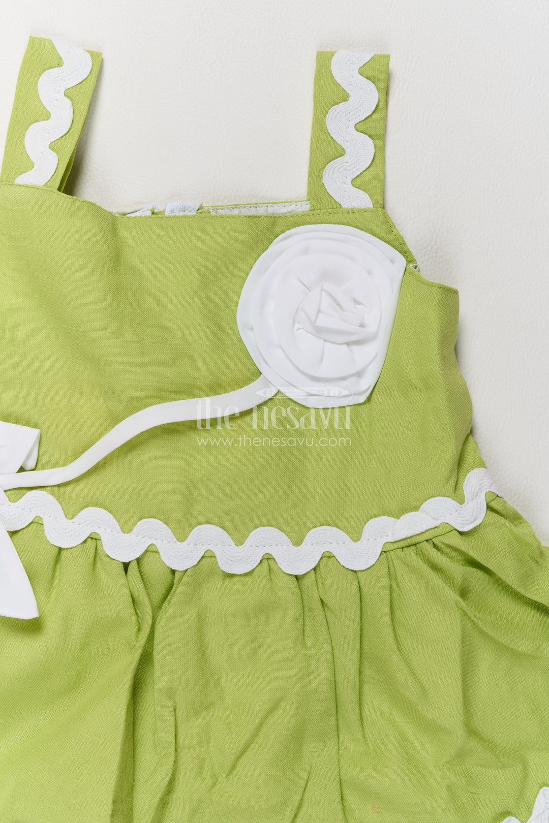 Girls Lime Green Tiered Cotton Blend Frock with Rosette and Ric Rac