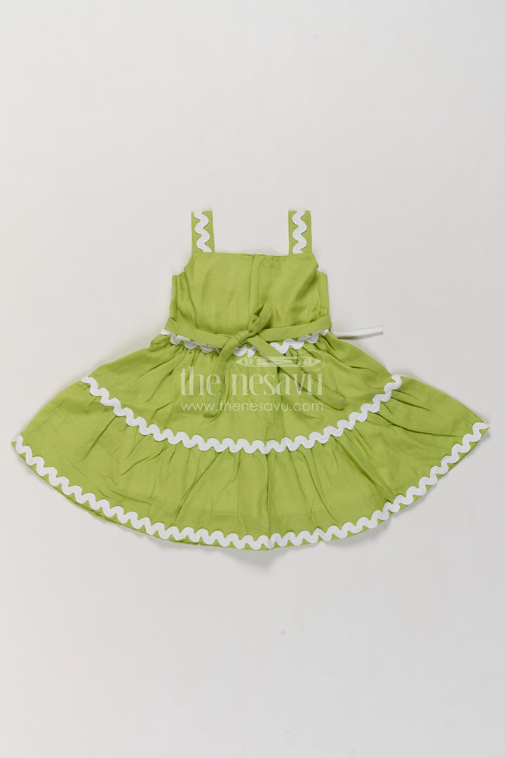 Girls Lime Green Tiered Cotton Blend Frock with Rosette and Ric Rac