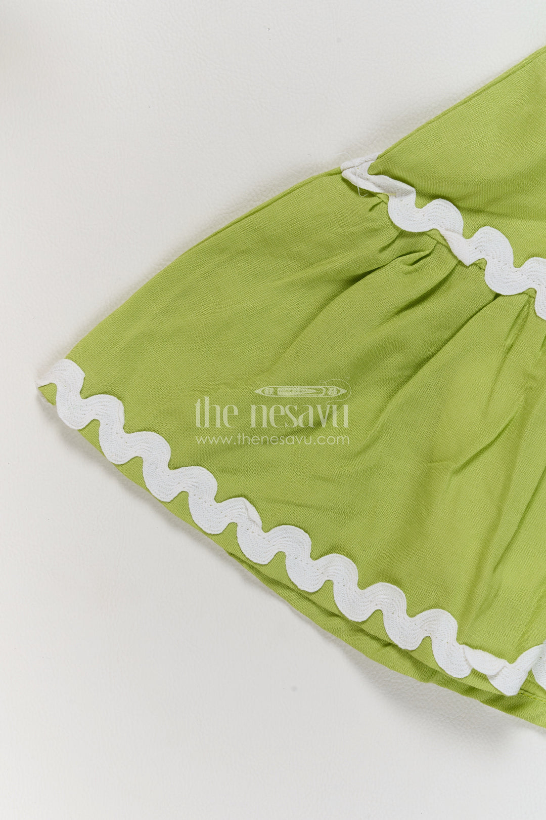 Girls Lime Green Tiered Cotton Blend Frock with Rosette and Ric Rac