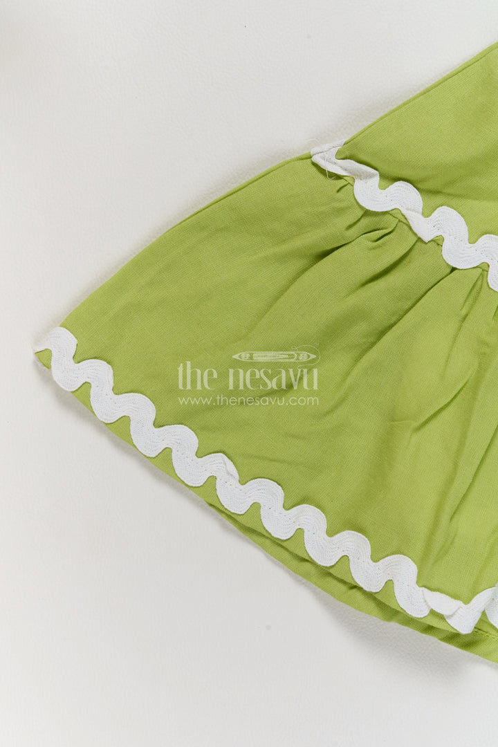 Girls Lime Green Tiered Cotton Blend Frock with Rosette and Ric Rac