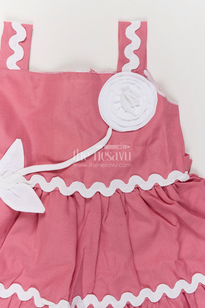Girls Dusty Pink Cotton Blend Frock with Tiered White Wave Trim