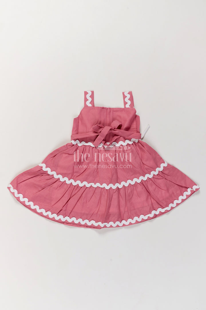 Girls Dusty Pink Cotton Blend Frock with Tiered White Wave Trim