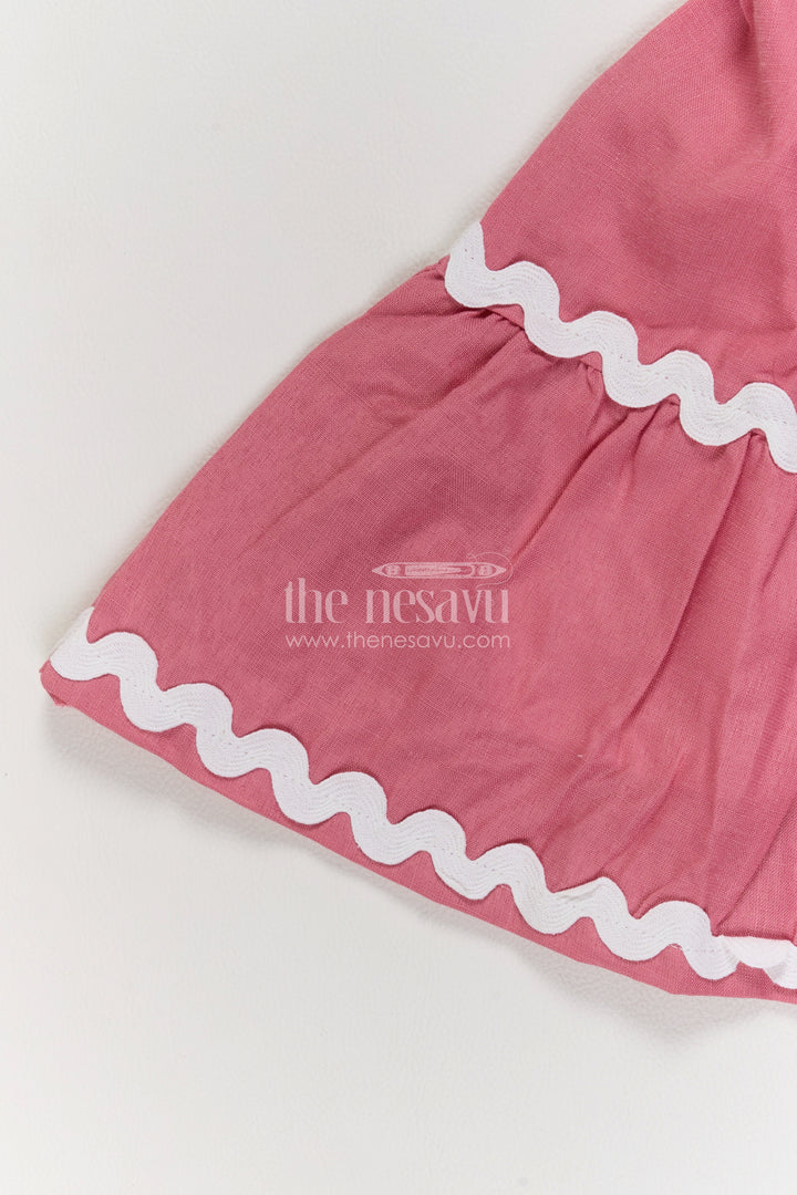 Girls Dusty Pink Cotton Blend Frock with Tiered White Wave Trim