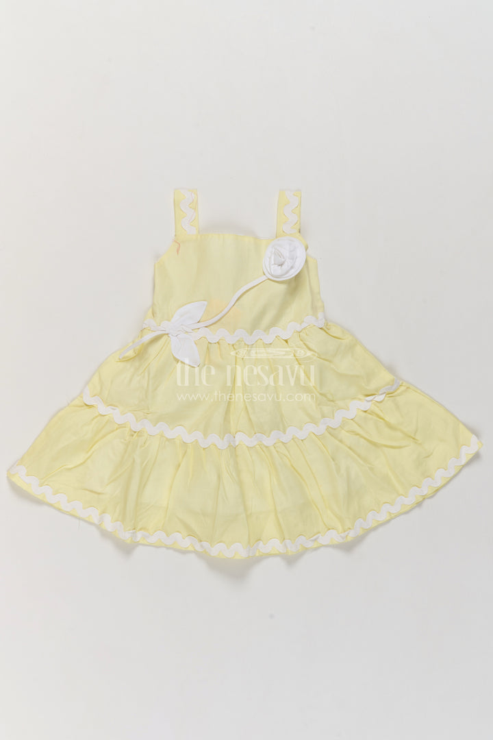 Girls Pale Yellow Cotton Blend Rosette Frock with White Tier Edging