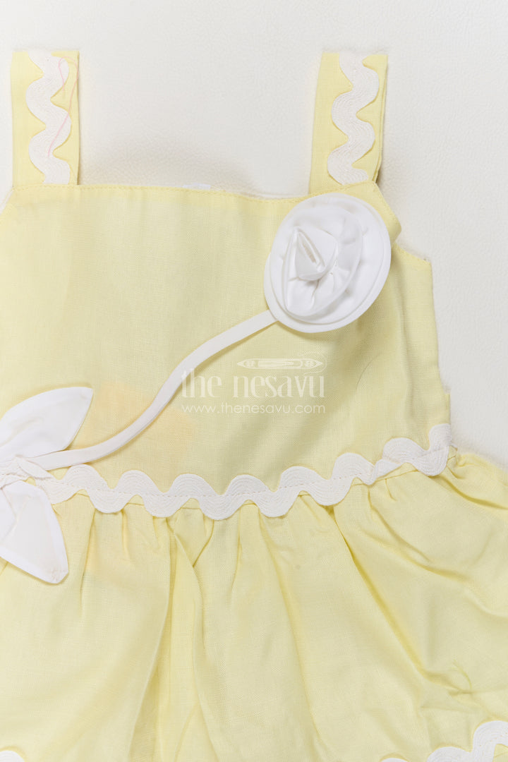 Girls Pale Yellow Cotton Blend Rosette Frock with White Tier Edging