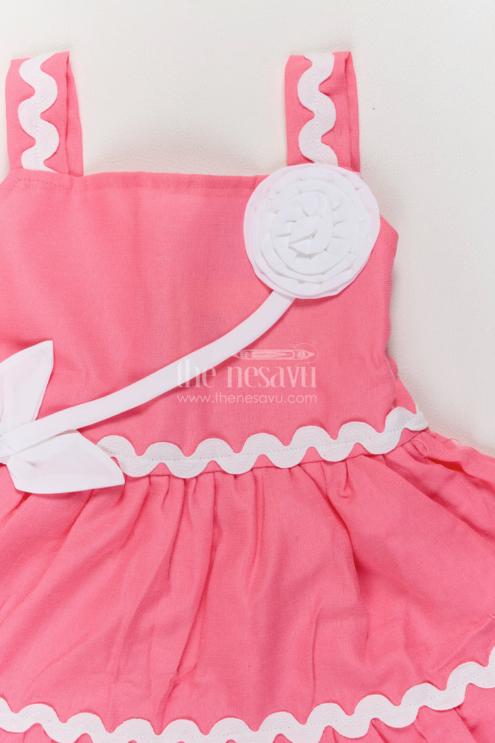 Girls Bright Pink Cotton Blend Tiered Frock with White Flower Accent