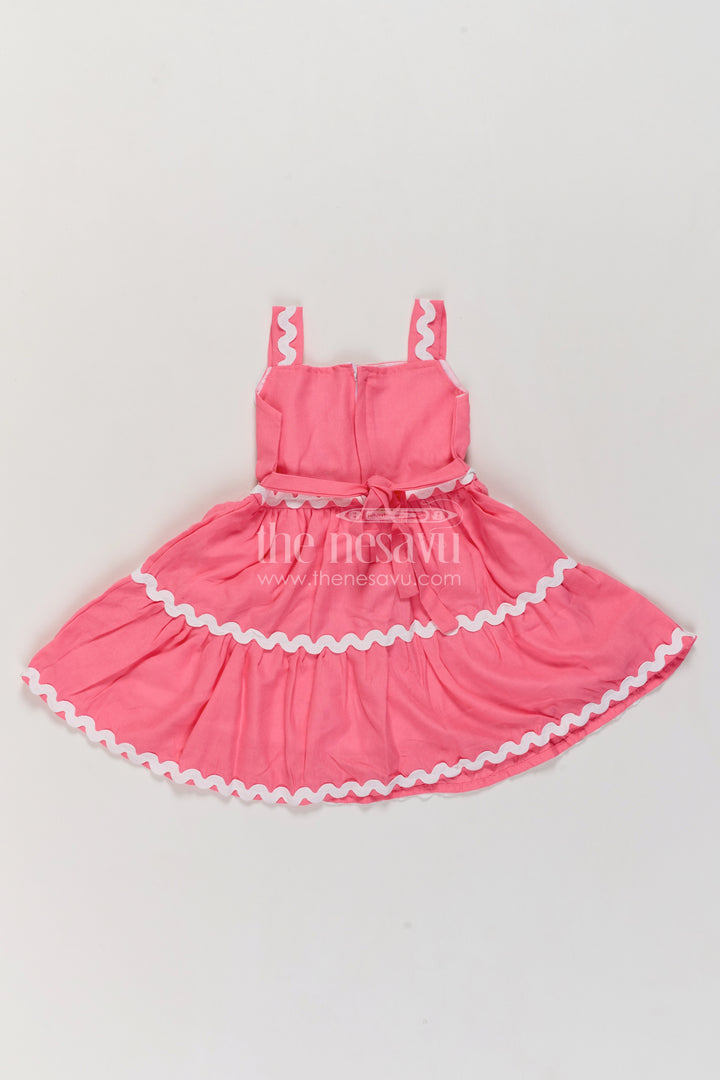 Girls Bright Pink Cotton Blend Tiered Frock with White Flower Accent