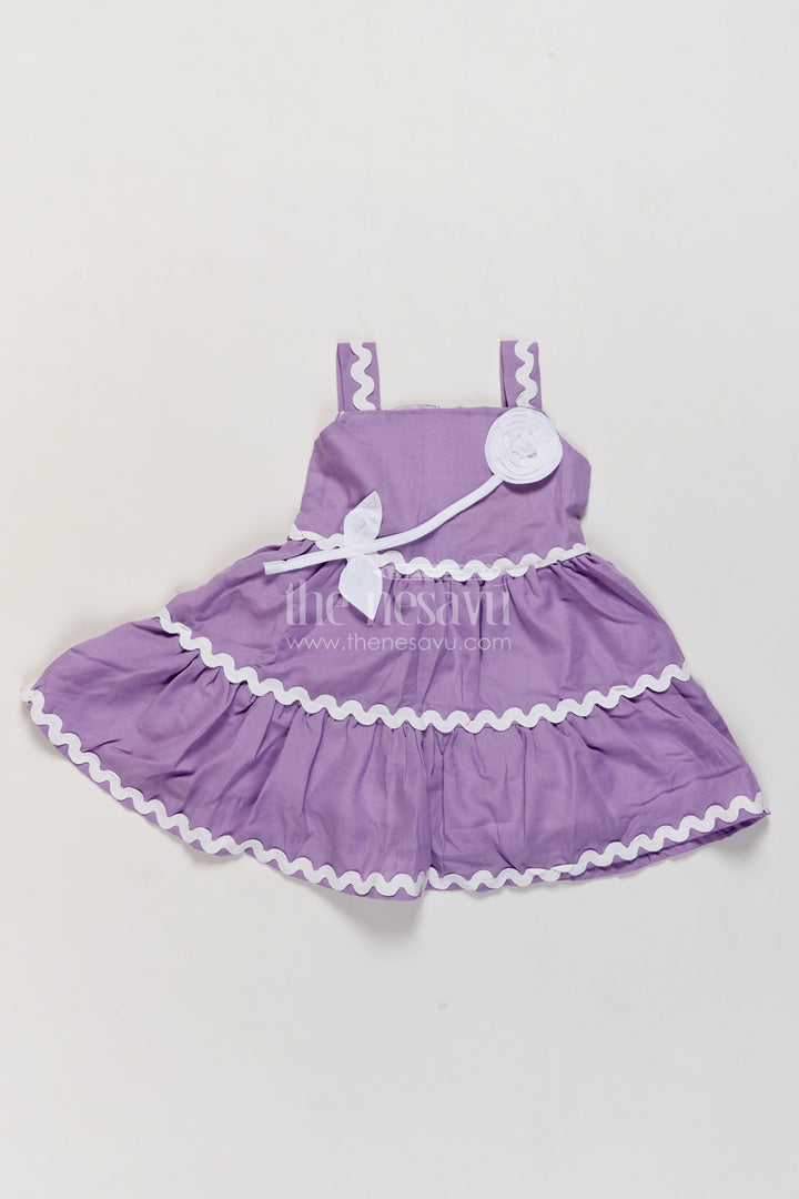 Girls Muted Purple Cotton Blend Tiered Frock with Rosette Ribbon
