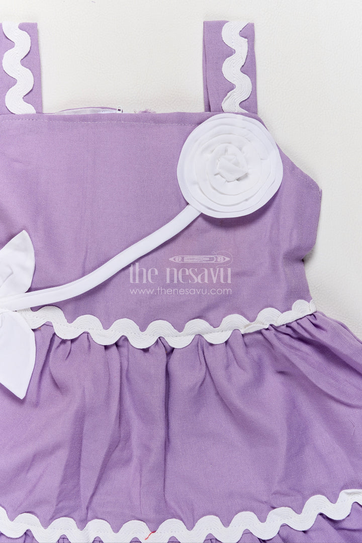 Girls Muted Purple Cotton Blend Tiered Frock with Rosette Ribbon