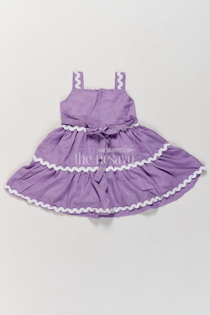Girls Muted Purple Cotton Blend Tiered Frock with Rosette Ribbon