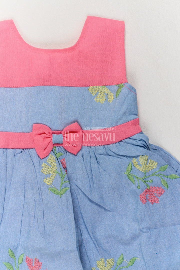 Girls Grey Cotton Blend Frock with Pink Yoke and Floral Embroidery